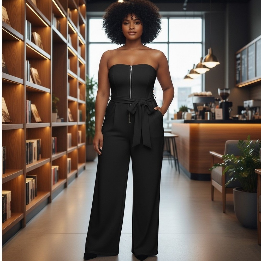 The Drop Lucyswhims Black Strapless Front Zip Tie Waist Jumpsuit 2X NWT